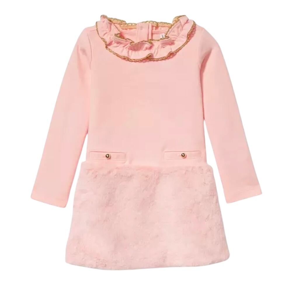 Janie and Jack Girls Pink Faux Fur Ponte Dress - Size 8 - Cozy & Chic